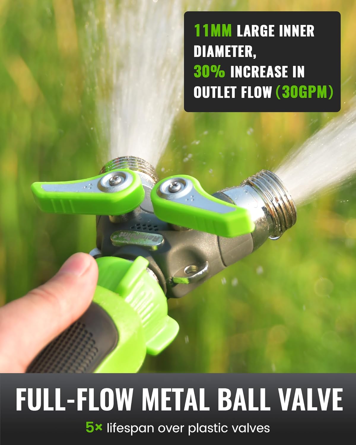RAINPOINT Garden Hose Splitter - 2 Way Heavy Duty Y Spigot with Shutoff Valves & Metal Handle | 3/4" GHT Thread, Green