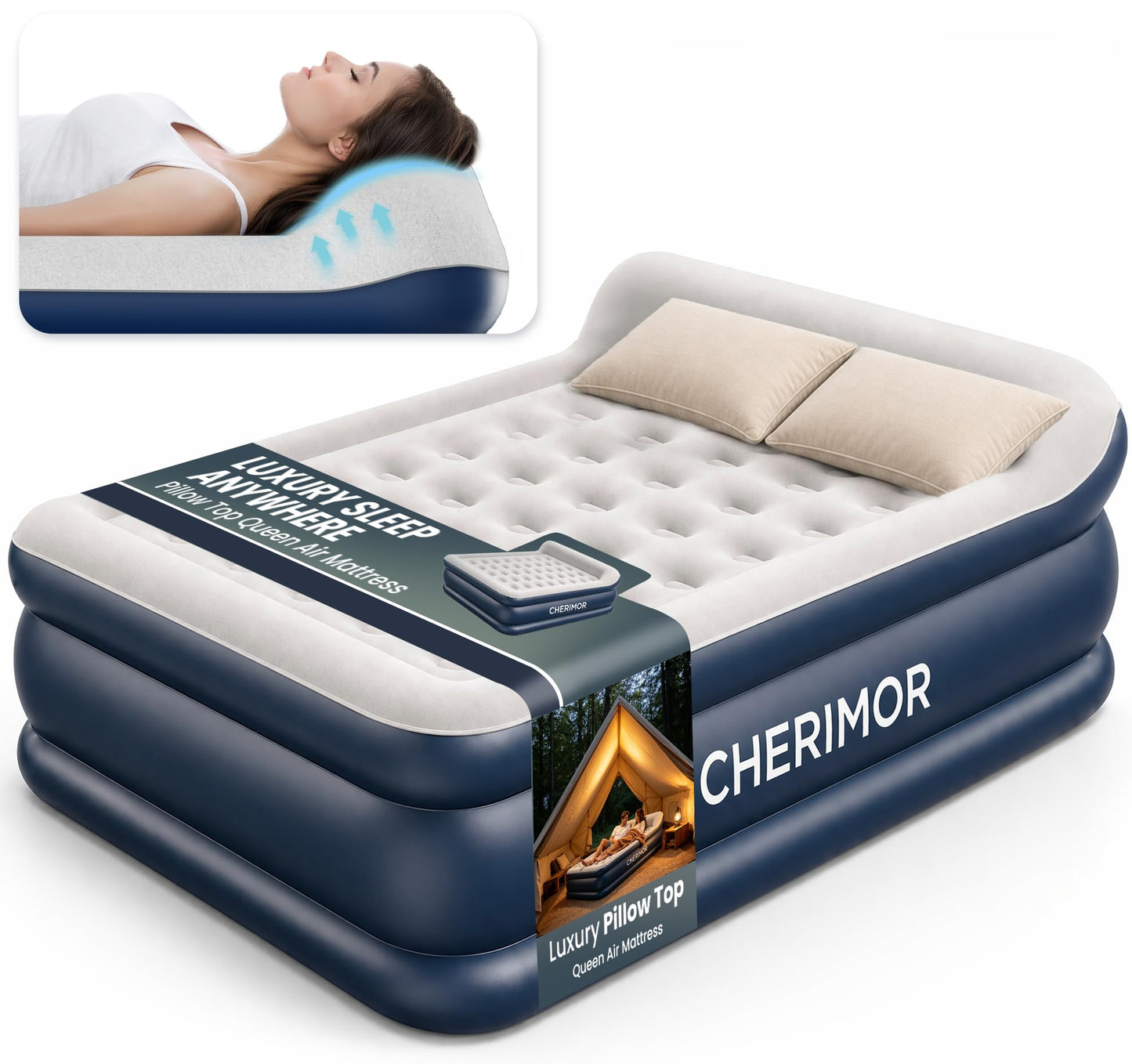 CHERIMOR Queen Air Mattress with Built in Pump, 20.5" Elevated Integrated Pillow Top Blow Up Mattress, Supports 800 lbs, Portable 3 Min Self Inflating Inflatable Bed for Guests, Home & Camping