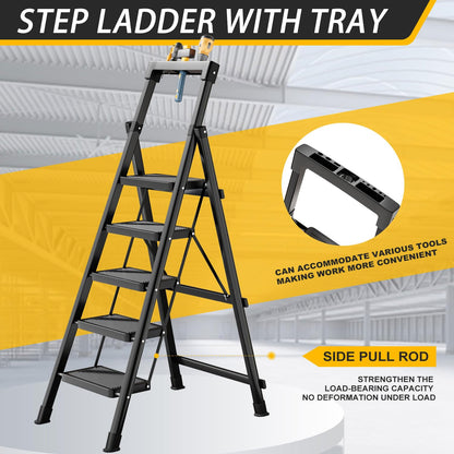 8 Step Ladder,Folding Step Stool with Tool Tray,Portable Sturdy Steel Ladder with Anti-Slip Pedal,Lightweight,Convenient Work Platform,Sturdy Carbon Steel Step Ladder for Adult,Garden,Garage
