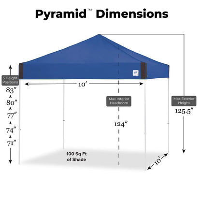 E-Z UP Pyramid Instant Shelter Canopy Pop Up Tent, 10' x 10' with Wide-Trax Roller Bag & 4 Piece Spike Set, Royal Blue