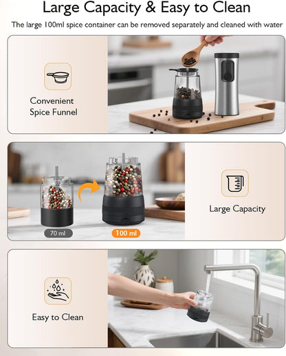 Skiennix Electric Salt and Pepper Grinder Set - Upgraded 2-Speed, Adjustable Coarseness, Rechargeable Stainless Steel Mill with LED Light