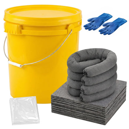 DoubleFill 41 Pcs Universal Spill Kit Portable Complete 9-Gallon Spill Kit, Absorbs Oils Water and More, Yellow Bucket, 30 Absorbent Pads, 4 Pcs 3" x 4' Sorbent Socks, 5 Disposal Bags, PVC Gloves