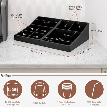 ANBOXIT Coffee Station Organizer for Countertop, Condiment Service Organizer, Coffee Bar Supplies Caddy for Home, Office and Breakroom - Wooden, Black, 9 Compartment, Two-in-One