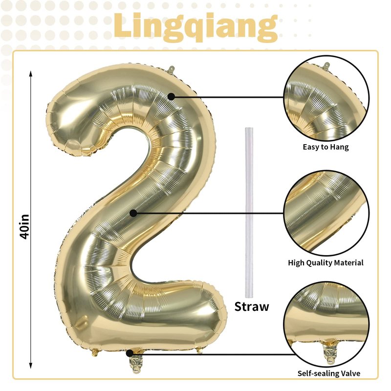 40 Inch Balloon Number 2 Champagne Gold, Large Foil Light Gold Number Balloons Set 0-9 for Women Men, Digital 2 Helium Balloons for Boys Girls 2nd Birthday Anniversary Graduation Party Decorations