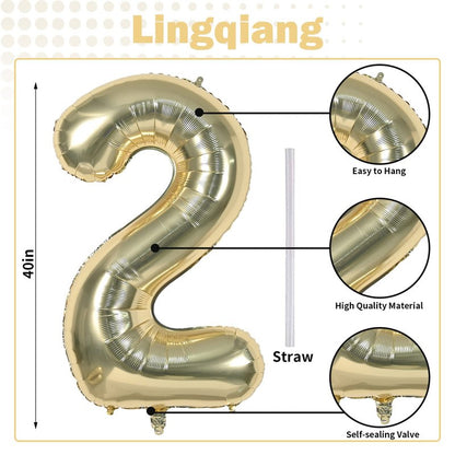 40 Inch Balloon Number 2 Champagne Gold, Large Foil Light Gold Number Balloons Set 0-9 for Women Men, Digital 2 Helium Balloons for Boys Girls 2nd Birthday Anniversary Graduation Party Decorations