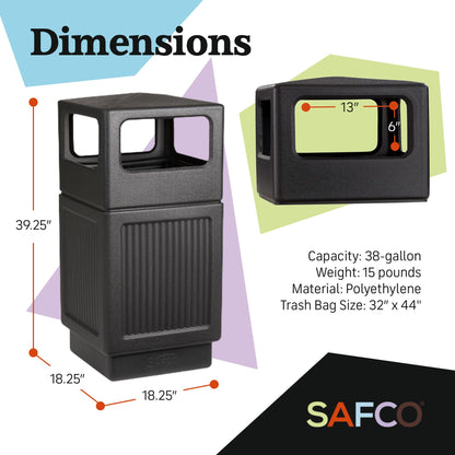 Safco Black Canmeleon Outdoor and Indoor Recessed Panel Trash Can Receptacle for Gas Stations, Shopping Outlets, and Restaurants, 38 Gallon Capacity