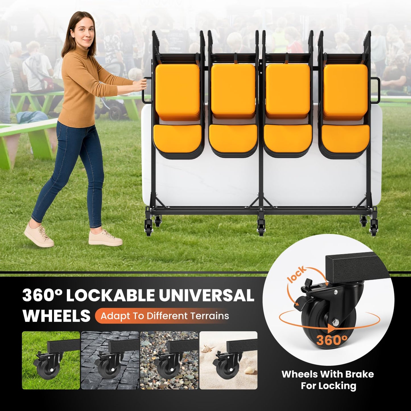 PURRPAXZ Heavy Duty Folding Chair Storage Rack, Foldable Chairs Cart with Lockable Wheels and Straps, 400lbs Weight Capacity, Adjustable Hanger, Folding Chair Dolly for Chairs Up to 42pcs