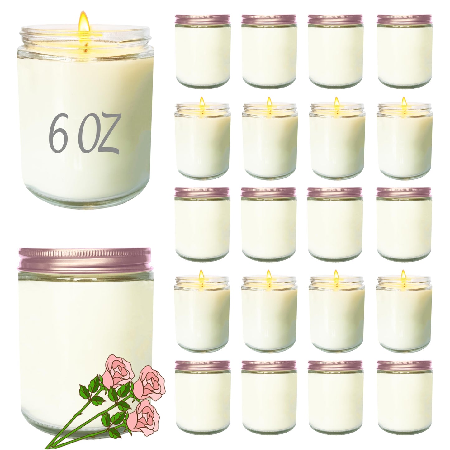 Veiuwa 24 Pcs 6 Oz Rose Scented Soy Candles Set,Mason jar Bulk Candles for Gifts,Aromatherapy Candle,Great Stress Relieving Scented Candle for Girls as a Gift for Birthdays, Weddings and More!
