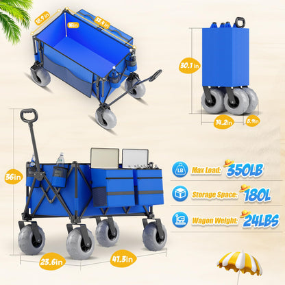 Beach Wagon with Big Wheels for Sand, 350lbs Heavy Duty Folding Wagon, Oversized 180L, 9" PVC All-Terrain Wheels, Adjustable Handle, Cooler & Storage Bags for Beach, Camping & Outdoor Sports (Blue)