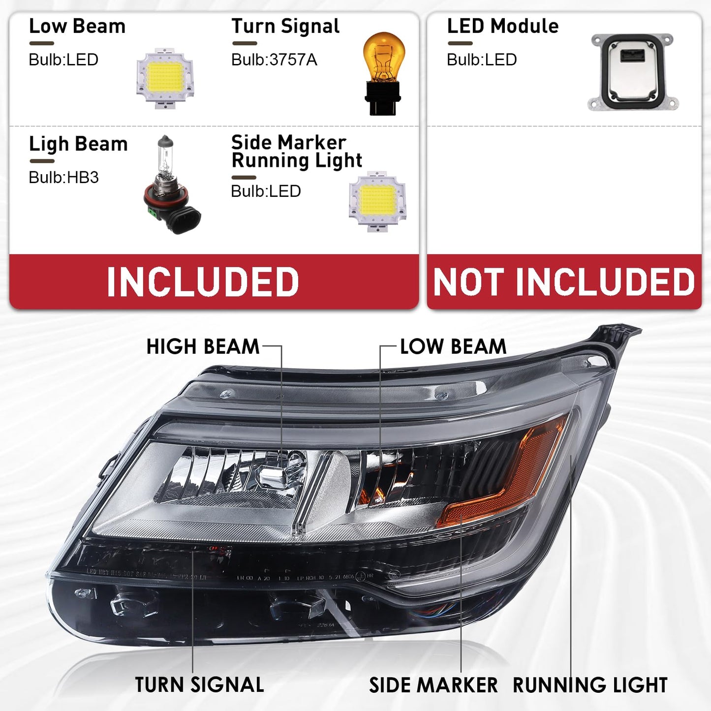 Duolctrams Pair W/O LED Module Chrome Bezel LED Headlights Assembly Compatible with 2016-2019 Ford Explorer Sport/Limited/XLT/Platinum 7-PIN FB5-Z130-08N FB5-Z130-08B FO2518130
