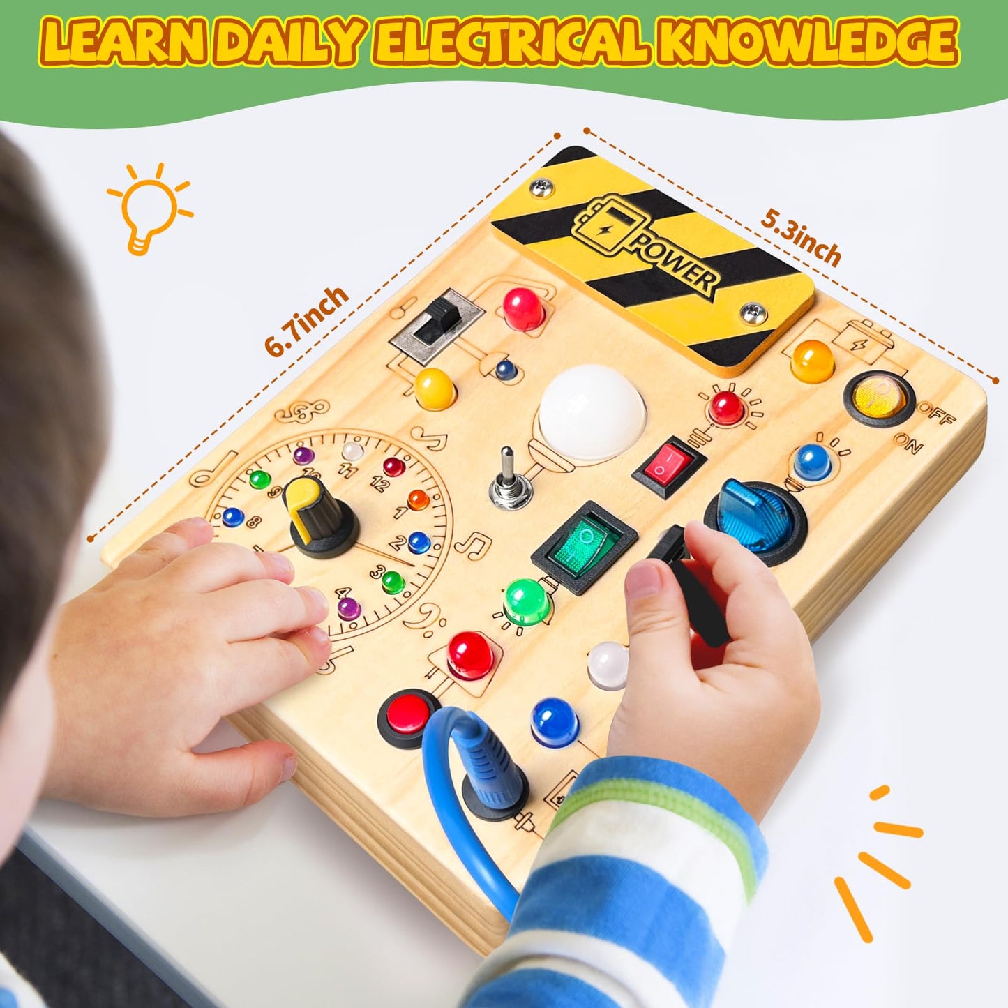 Iabedi Busy Board, Montessori Toy for 1-3 Years Old, Wooden Toddler Sensory Travel Toy, Ideal Gift for 1+ Year Old Boys (Busy Board Plus V2), Medium, Yellow
