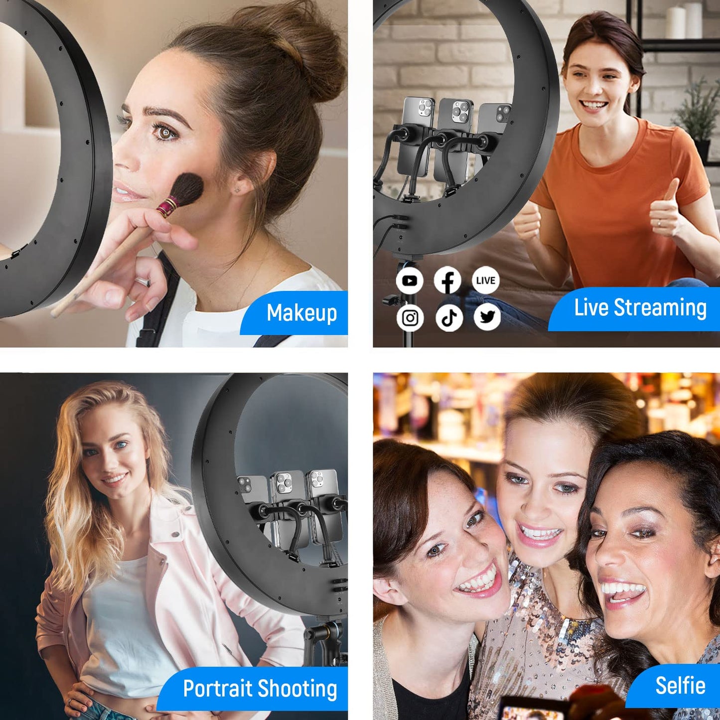 NEEWER Ring Light RP19H 19 Inch with Tripod Stand 3 Phone Holders Compatible with iPhone, Upgraded 2.4G Touch Control Ringlight for Video Recording Streaming Home Office Zoom Selfie Makeup Lighting