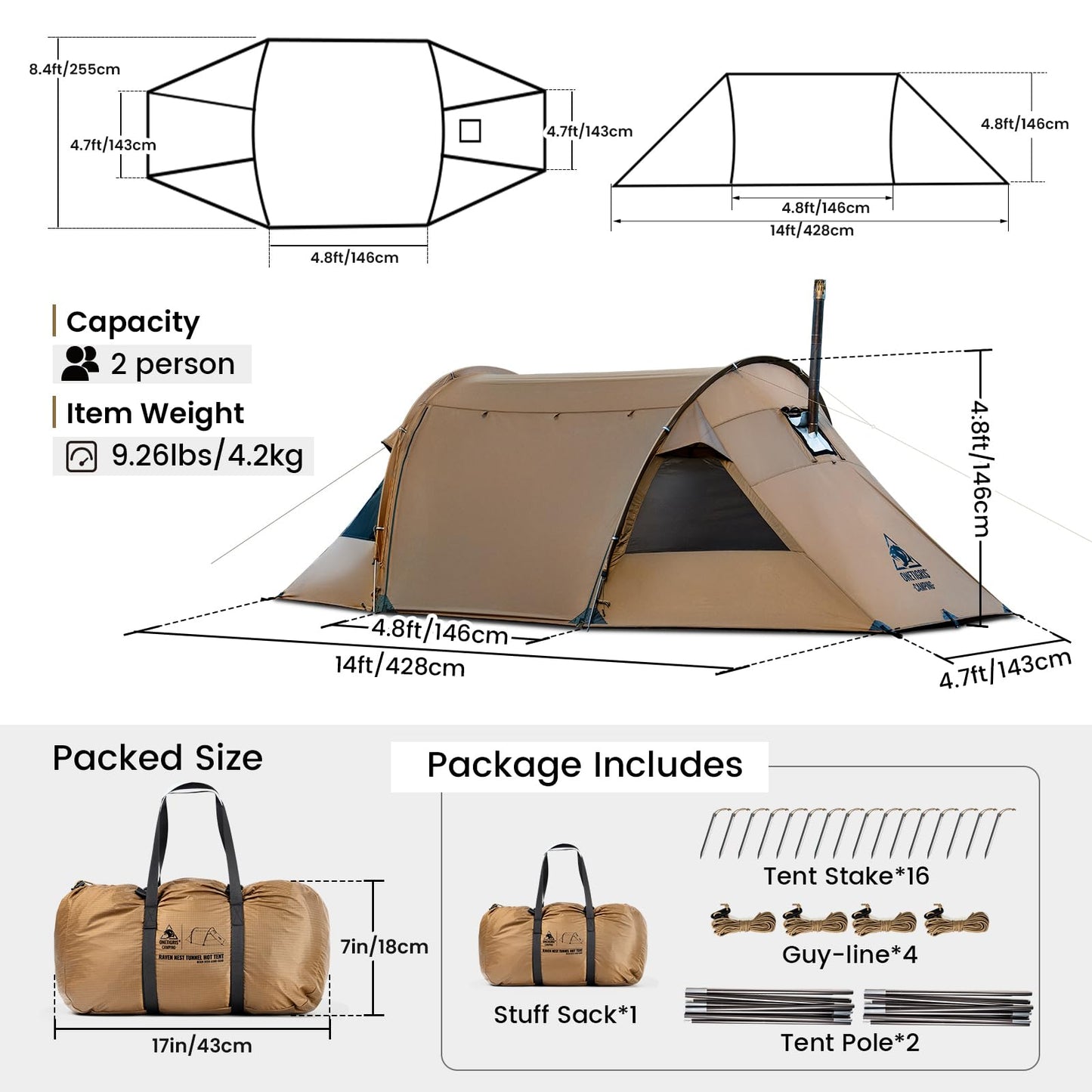 OneTigris Raven NEST Hot Tent with Stove Jack, Spacious Waterproof 2 Person Tunnel Tent for Camping, Hiking, Backpacking, Bushcraft