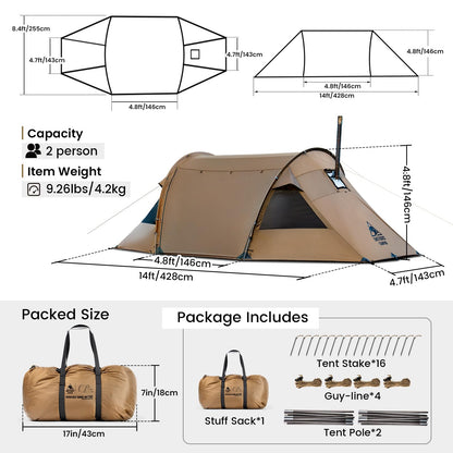 OneTigris Raven NEST Hot Tent with Stove Jack, Spacious Waterproof 2 Person Tunnel Tent for Camping, Hiking, Backpacking, Bushcraft