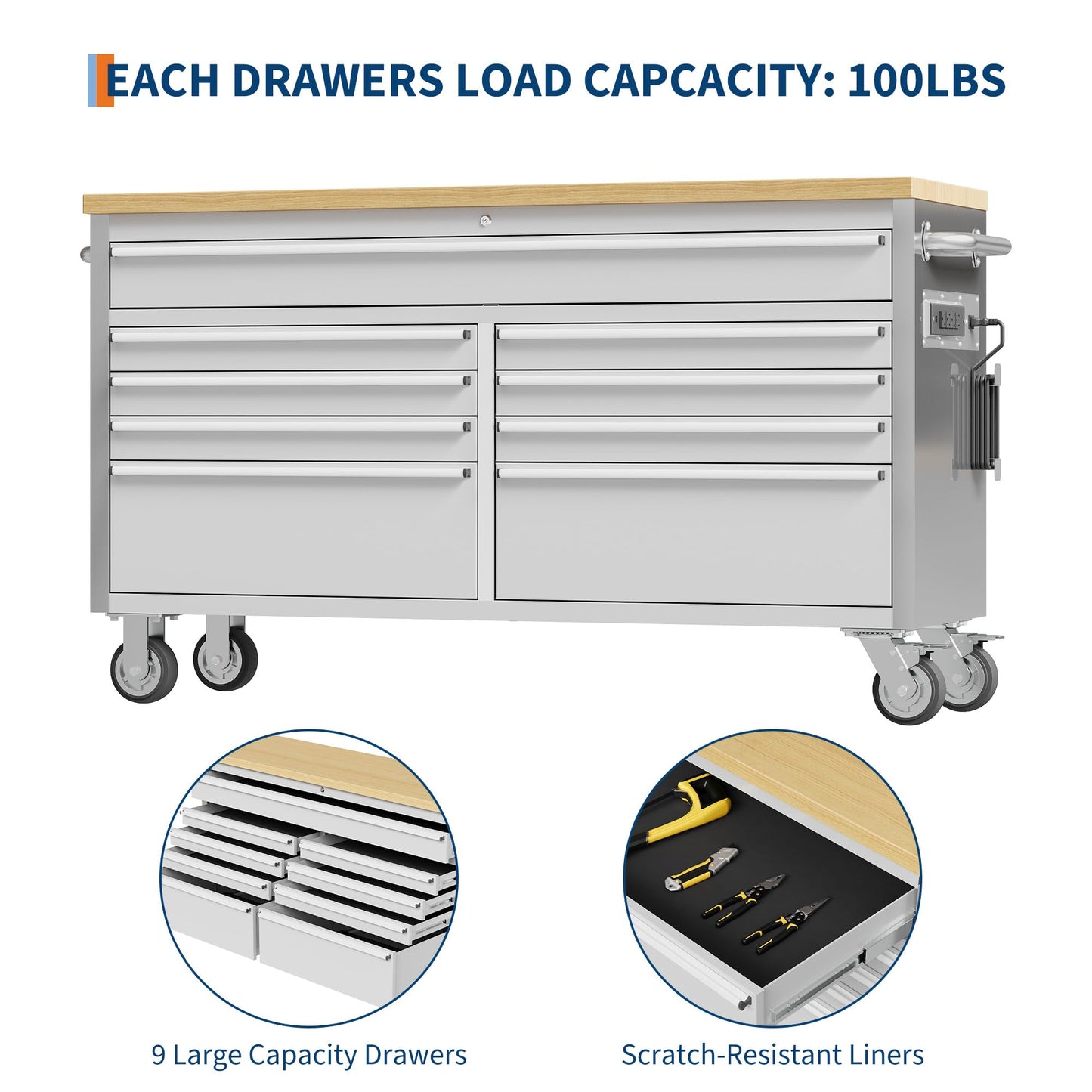 IDEALHOUSE 61 inch Rolling Tool Chest, Garage Workbench with 9 Drawers, Solid Rubber Wood Top & with Wheels Lock Key Locking, Mobile Workstation Tool Cabinet for Workshop Storage