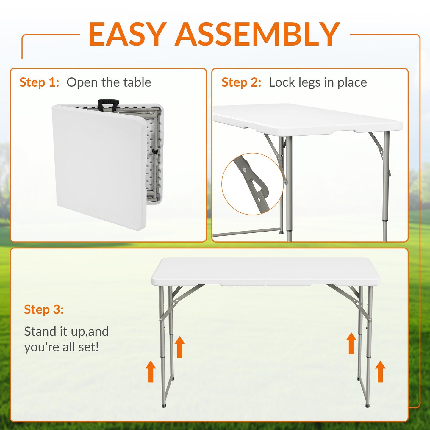 Elevon Folding Table Set with 4 White Folding Chairs,4 Feet Heavy Duty Fold-in-Half Utility Table Sets for Picnic, Event, Training, Outdoor Activities, at Home and Commercial Use