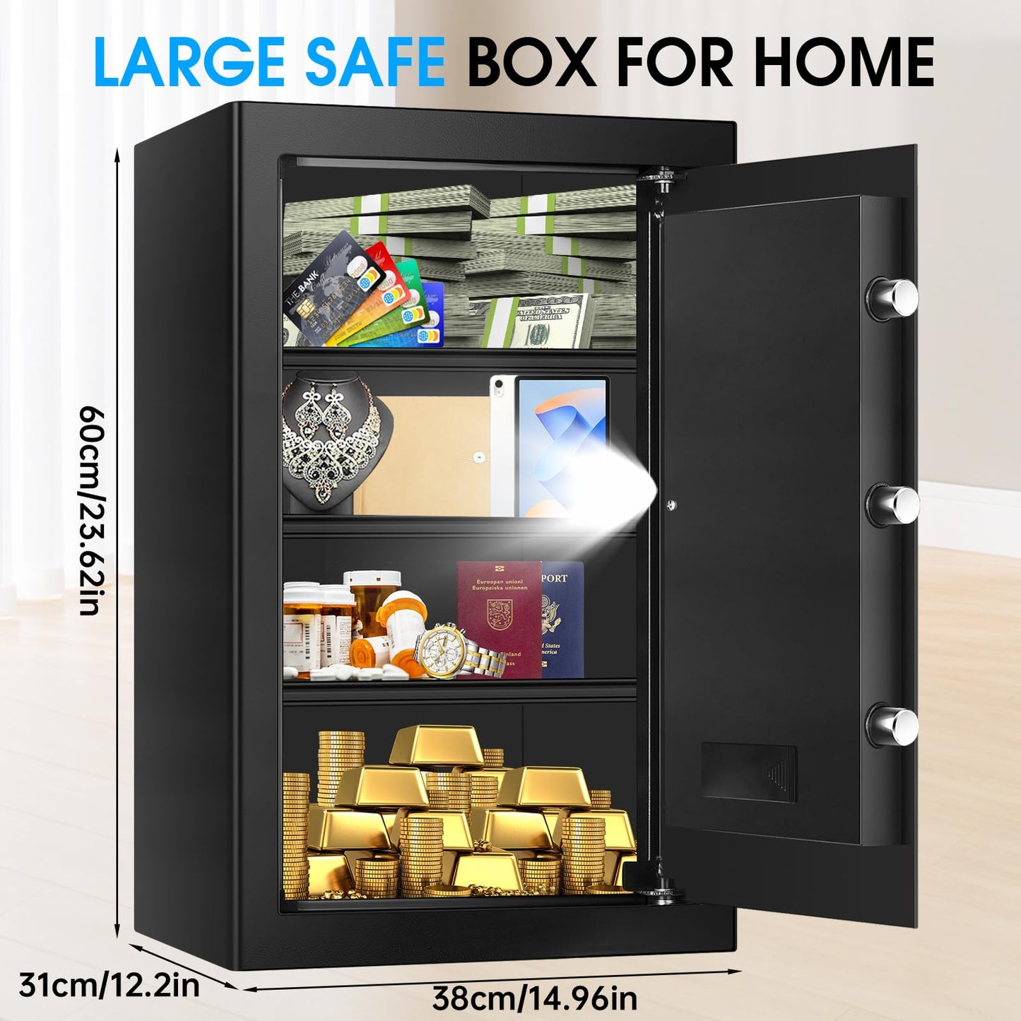 5.2 Cuft Large Home Safes Fire Waterproof, Fireproof Safe Box for Home with Programmable Keypad, Spare Keys and 3 Removable Shelves, Anti-Theft Security Fireproof Document Safe for Money Valuables