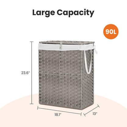 Elevon 90L Laundry Basket with Lid, Hand-Woven Pp Rattan Laundry Hamper with Compartments & Handles, Foldable, Large Capacity Clothes Basket with Removable Liner for Bathroom, Light Gray