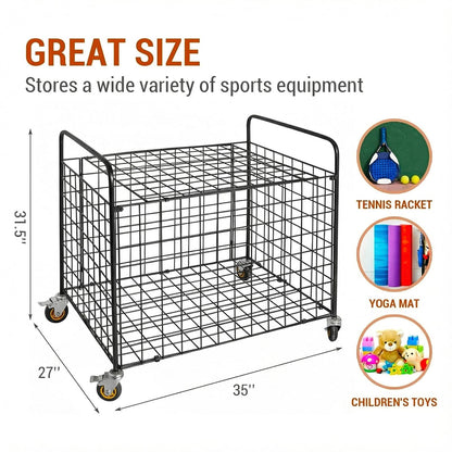MyGift Ball Storage, Basketball Holder, Professional Gym Metal Multi Sports Ball Cart with Jumbo Industrial Wheels, Commercial Grade Portable Equipment Locker Cage for Football, Soccer, Volleyball