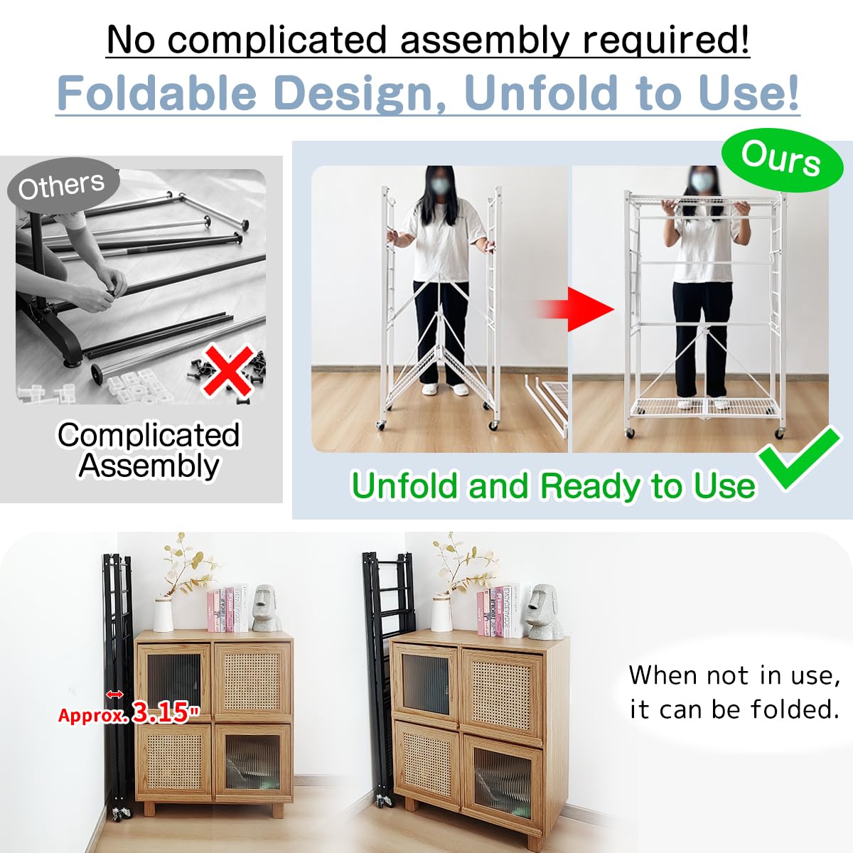 lumizone Folding Clothing Rack with Wheels Expandable Wardrobe Portable Clothes Rack for Hanging Clothes Adjustable Closet Shelves Garment Rack Durable Closet Racks for Hanging Clothes (Pro White)
