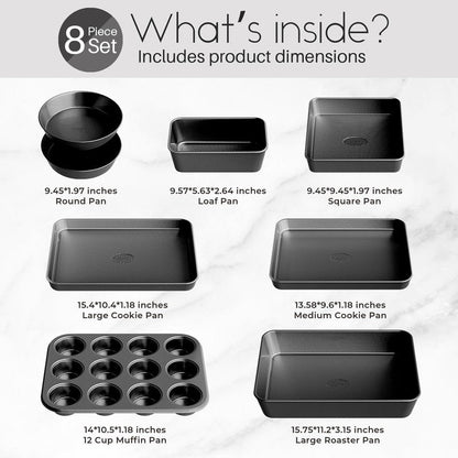 Slow Slog Nonstick Baking Pans Set, 8-Piece Stackable Bakeware Sets, Non-Toxic Oven Pan Set, Includes Baking Sheet, Cake Pan, Muffin Pan, Loaf Pan, Square Pan, Cookie Sheet & Roasting Pan, Black