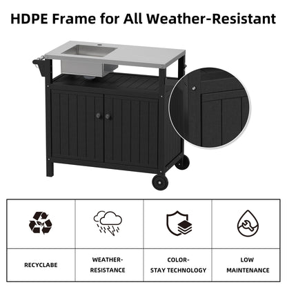 TORVA Multi-Functional Outdoor Grill Cart with Sink,Cabinet and Cover, 42 inch Freestanding Modular Kitchen Sink Station in 304 Stainless Steel&HDPE, All Weather Use BBQ Table, Black