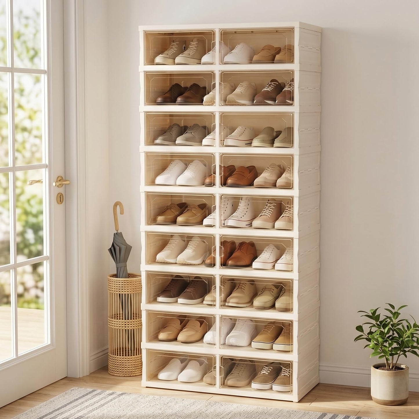 Tykacna Foldable Shoe Rack with Doors, Stackable Plastic Shoe Organizer, Large Clear Shoe Storage Boxes for Closet and Entryway, Portable Collapsible Shoe Cabinet 9 Tiers, 27Pairs