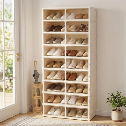 Tykacna Foldable Shoe Rack with Doors, Stackable Plastic Shoe Organizer, Large Clear Shoe Storage Boxes for Closet and Entryway, Portable Collapsible Shoe Cabinet 9 Tiers, 27Pairs