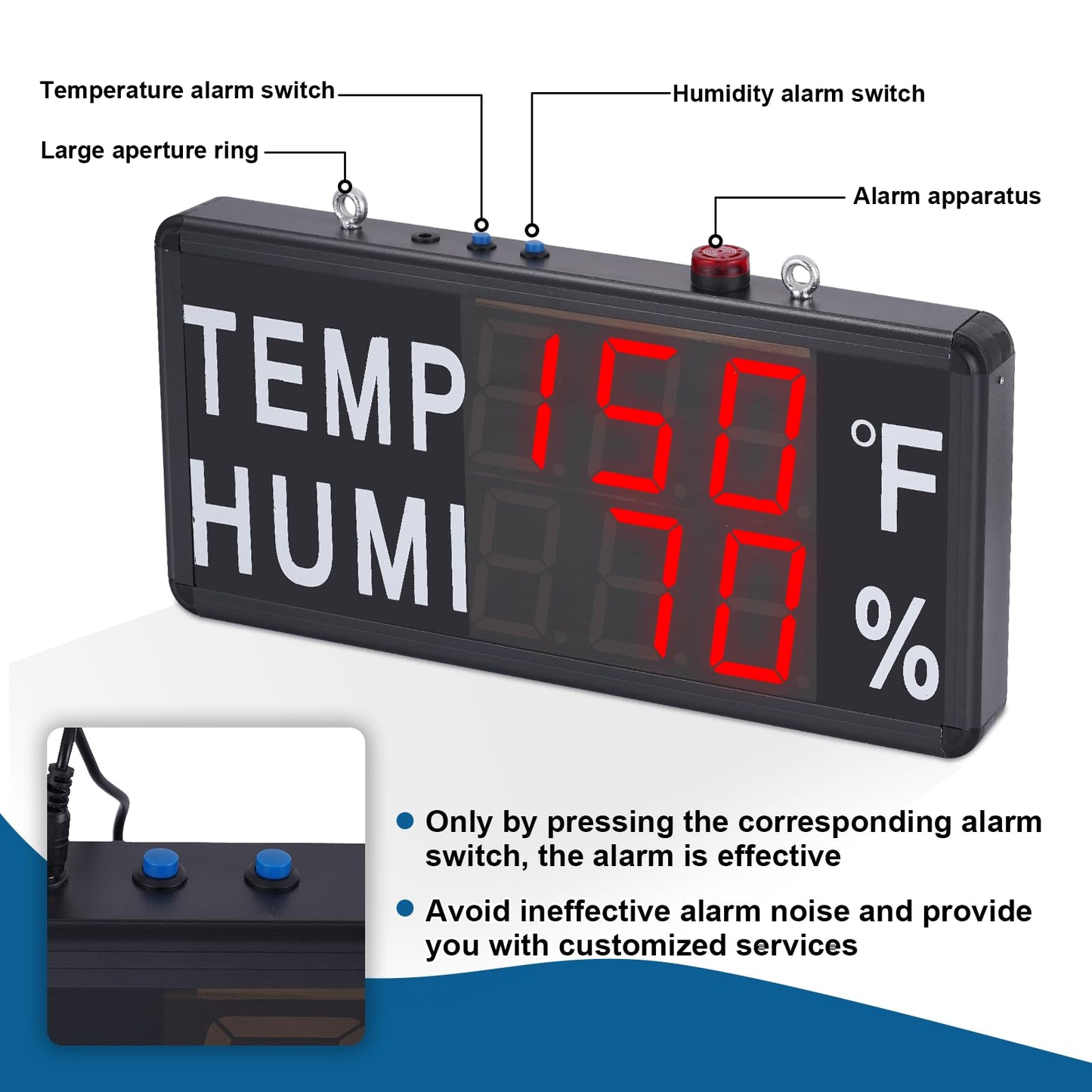 JIAWANSHUN 4" Large LED Thermometer Hygrometer with High Brightness Red Display, High Accuracy (-40°F~248°F / 0-100% RH), Features Custom Alarm & Wide Voltage for Industrial, Greenhouse & Farm Use