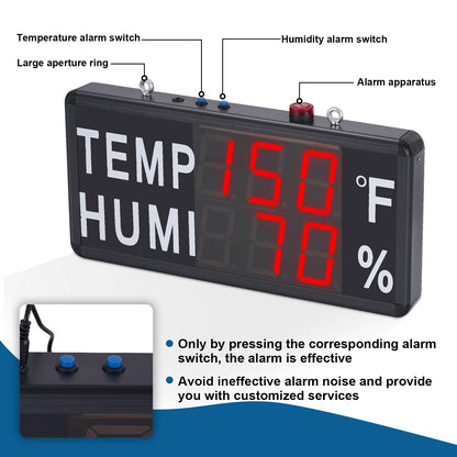 JIAWANSHUN 4" Large LED Thermometer Hygrometer with High Brightness Red Display, High Accuracy (-40°F~248°F / 0-100% RH), Features Custom Alarm & Wide Voltage for Industrial, Greenhouse & Farm Use