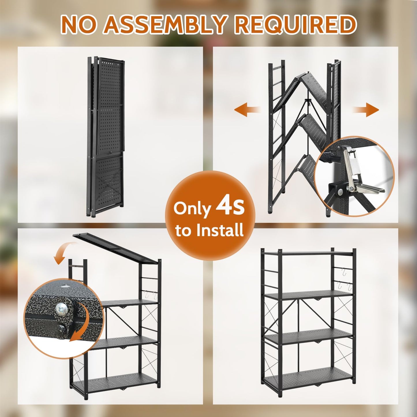 INTER HUT 4 Tier Foldable Greenhouse Shelving Unit, Heavy Duty Steel Plant Stand Storage Rack, No Assembly Required, 130lbs Per Shelf Capacity, 28"x14.6"x44.7”, 2 Pack, Black