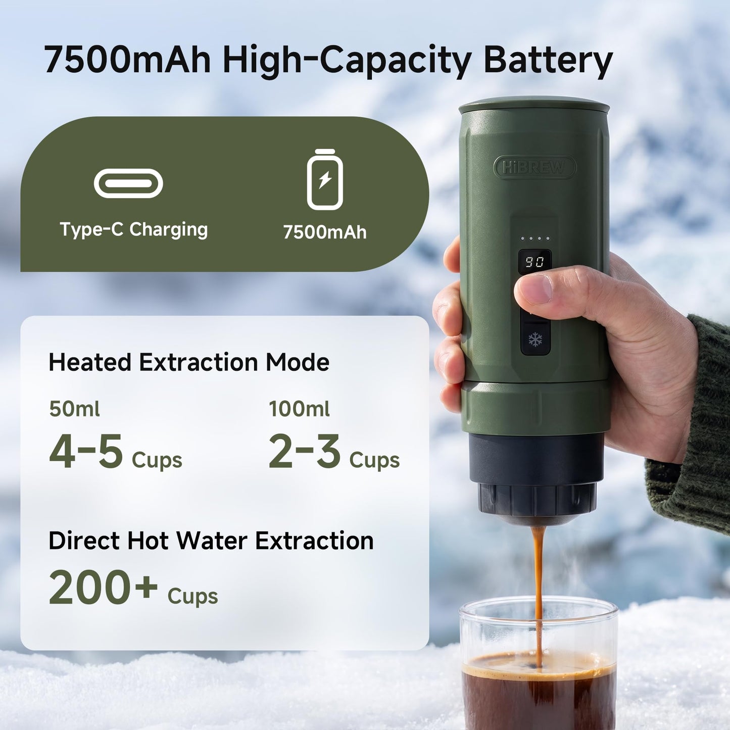 HIBREW H4C Classic - Portable Electric Espresso Machine, USB-C Rechargeable Coffee Maker with Removable Battery, Compatible with Ground Coffee & NS Capsules, Travel & Home(Green)