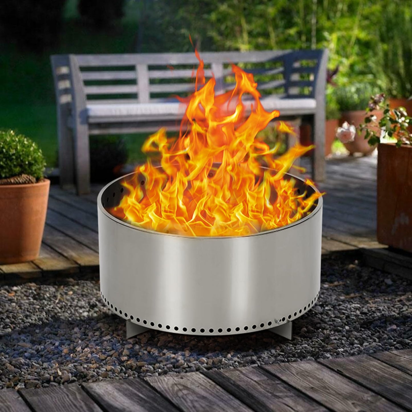 27" Smokeless Fire Pit, Portable Stainless Steel Firepit for Camping, Backyard, Beach,360° Airflow Wood Burning Outdoor Fireplace with Stand & Removable Ash Pan