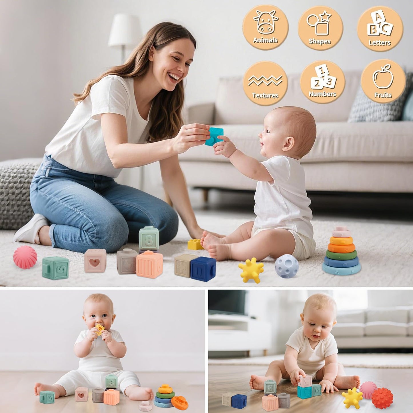 Weilim Montessori Toys Soft Stacking Building Blocks Rings Balls Sets 3 in 1 Baby Toys Bundle for Babies 6-12 Months Sensory for Toddlers 1-3 Teething Bath for Infants Learning Toy