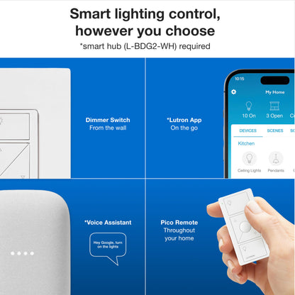 Lutron Caseta Original Smart Dimmer Switch Kit w/ Hub, with Pico Remote, Wallmount Bracket, & Smart Hub, Works with Alexa, Apple Home, Google Home, 3 Way, 150W, No Neutral Req, P-BDG-PKG1W-A