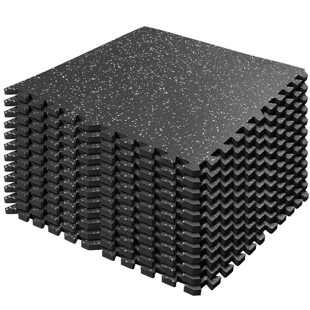 0.8in Thick 48 Sq Ft Gym Flooring for Home Gym, 12 Tiles Workout Exercise Equipment Mats, Rubber Top with EVA Foam, Interlocking Puzzle Floor Tiles for Fitness Room, Protective Flooring Mat