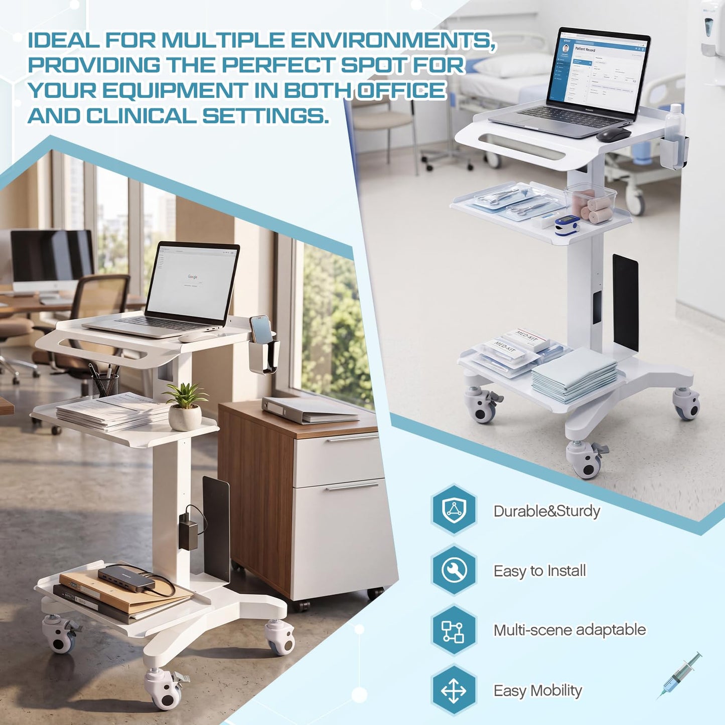 DaisyInner Adjustable Mobile Medical Cart with Wheels, Laptop Rolling Cart with Storage Basket Large Tabletop Medical Trolley Workstation for Hospital, Lab Use (3 Tier)