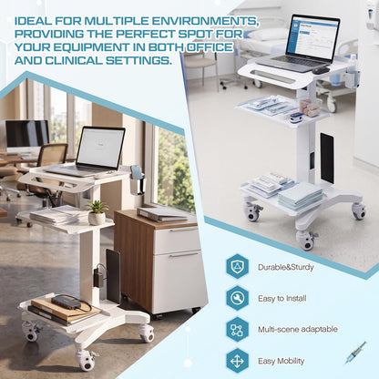 DaisyInner Adjustable Mobile Medical Cart with Wheels, Laptop Rolling Cart with Storage Basket Large Tabletop Medical Trolley Workstation for Hospital, Lab Use (3 Tier)