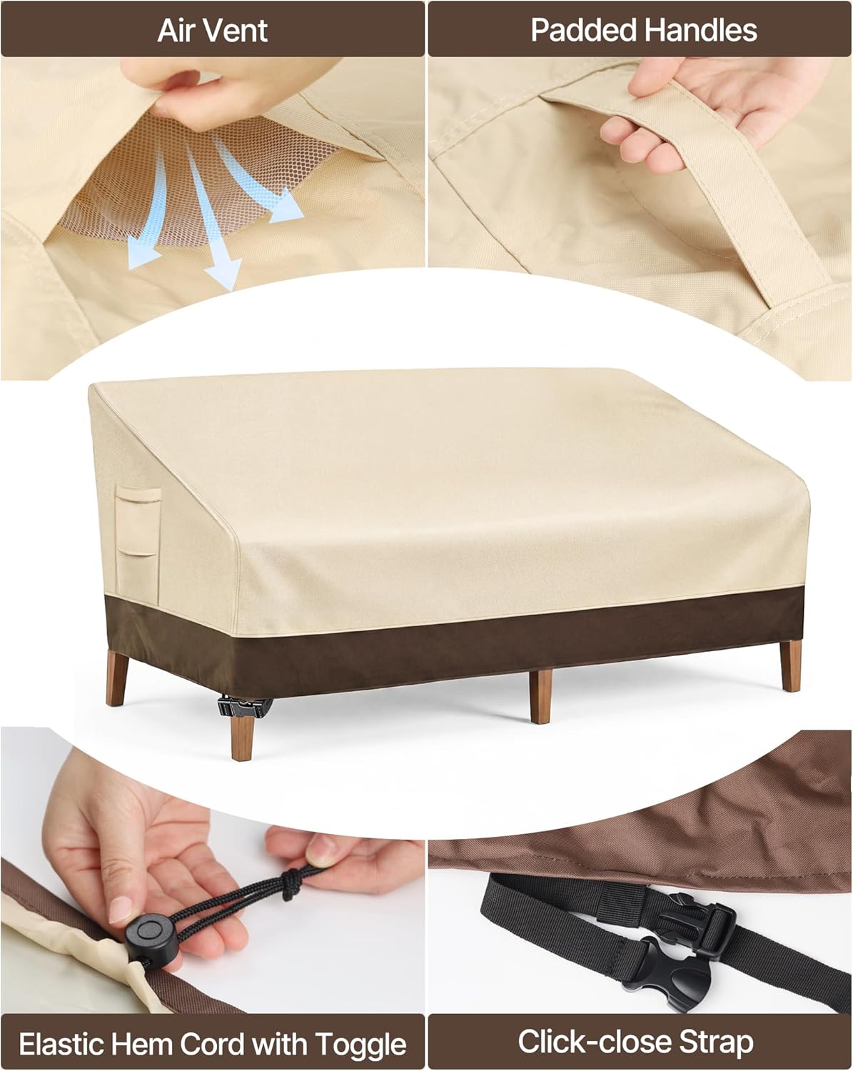 Vailge Heavy Duty Patio Sofa Cover - 100% Waterproof 3-Seater Outdoor Protection | 60"W x 35"D x 35"H, Beige & Brown