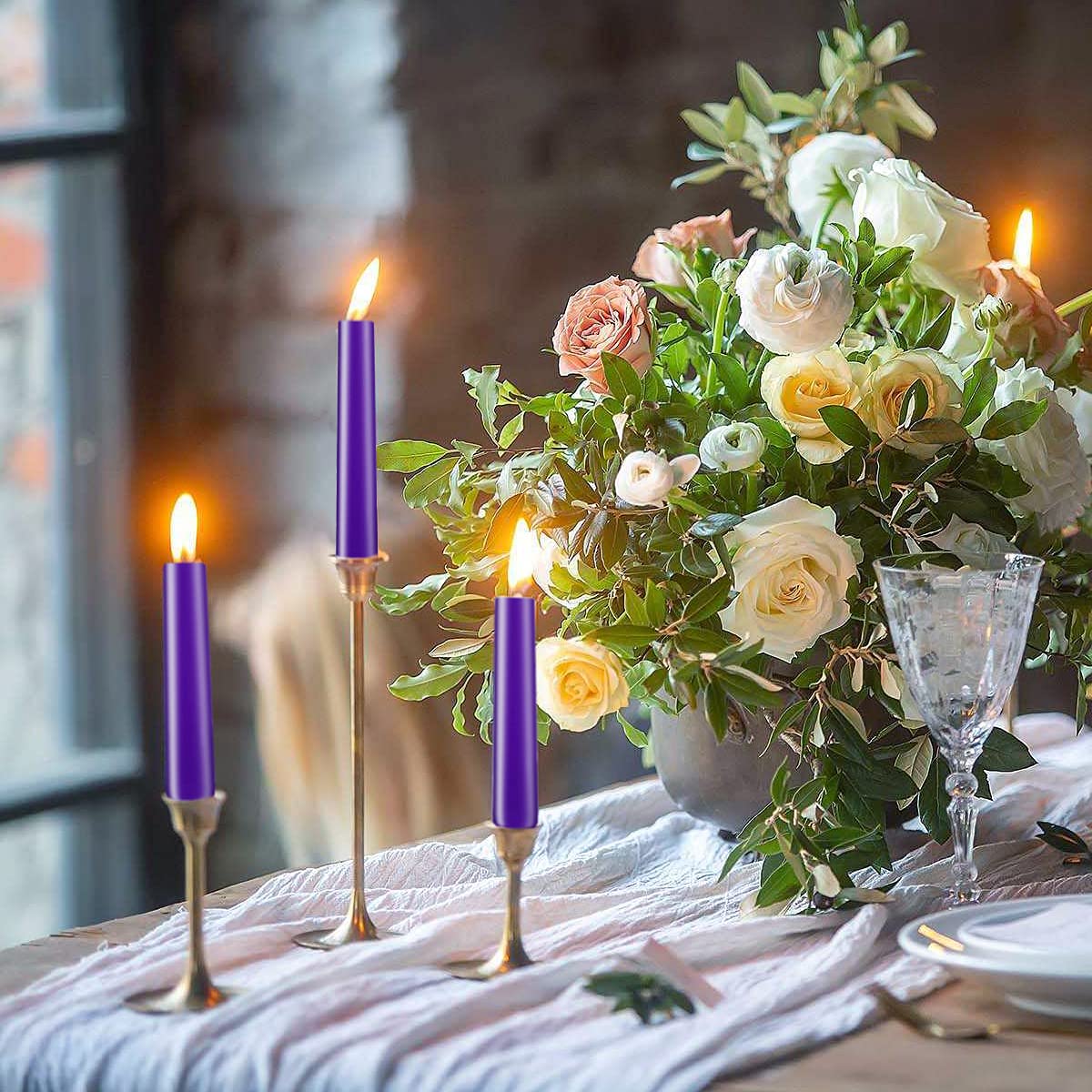 Purple Taper Candles, Set of 24 Unscented and Smokeless 10 Inch Taper Candles Long Burning, Paraffin Wax with Cotton Wicks for Burning Approxinately 7-8 Hours Time