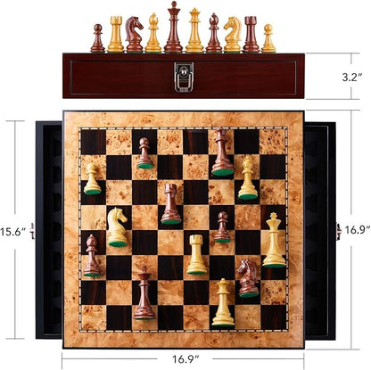 AMEROUS 17 inches Wooden Chess Set with High Polymer Weighted Chess Pieces / 2 Built-in Storage Drawers / 2 Extra Queens / 3.75'' King Classic Board Game