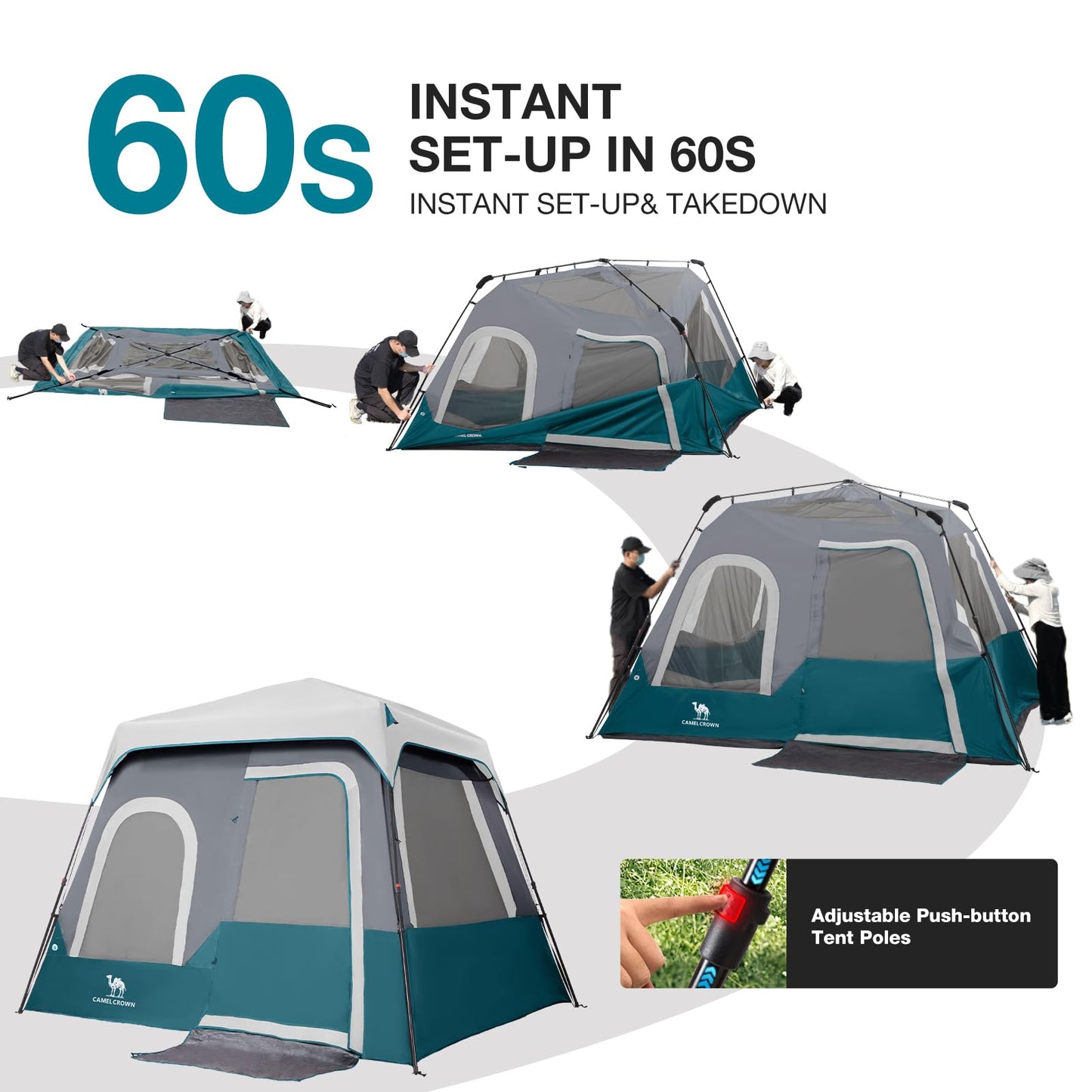 CAMEL CROWN 4/6 Person Instant Cabin Tent, Pop Up Windproof Tents for Camping, 60-Second Setup Family Tent with Carry Bag for Outdoor Hiking