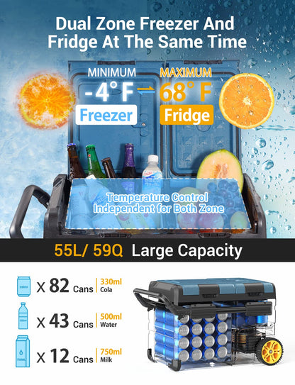 Rock&Rocker 12 Volt Car Refrigerator,59 Quart (55L) 12v Portable refrigerator,Car Fridge Freezer, -4℉-68 Car Cooler 12/24V DC and 100-240V AC for RV, Outdoor Camping APP Control