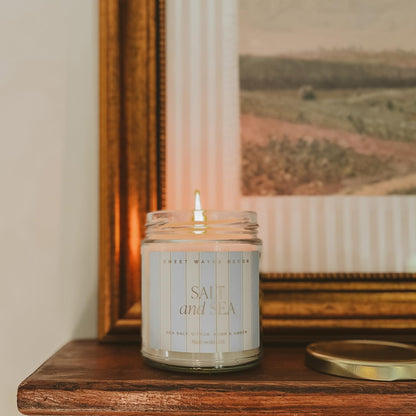Sweet Water Decor Salt and Sea Patterned Candle – Soy Candles with Sea Salt, Citrus, Musk, Amber Aroma– 40 Hour Burn – 9oz Clear Glass Jar – Ocean Summer Candles for Home Decor