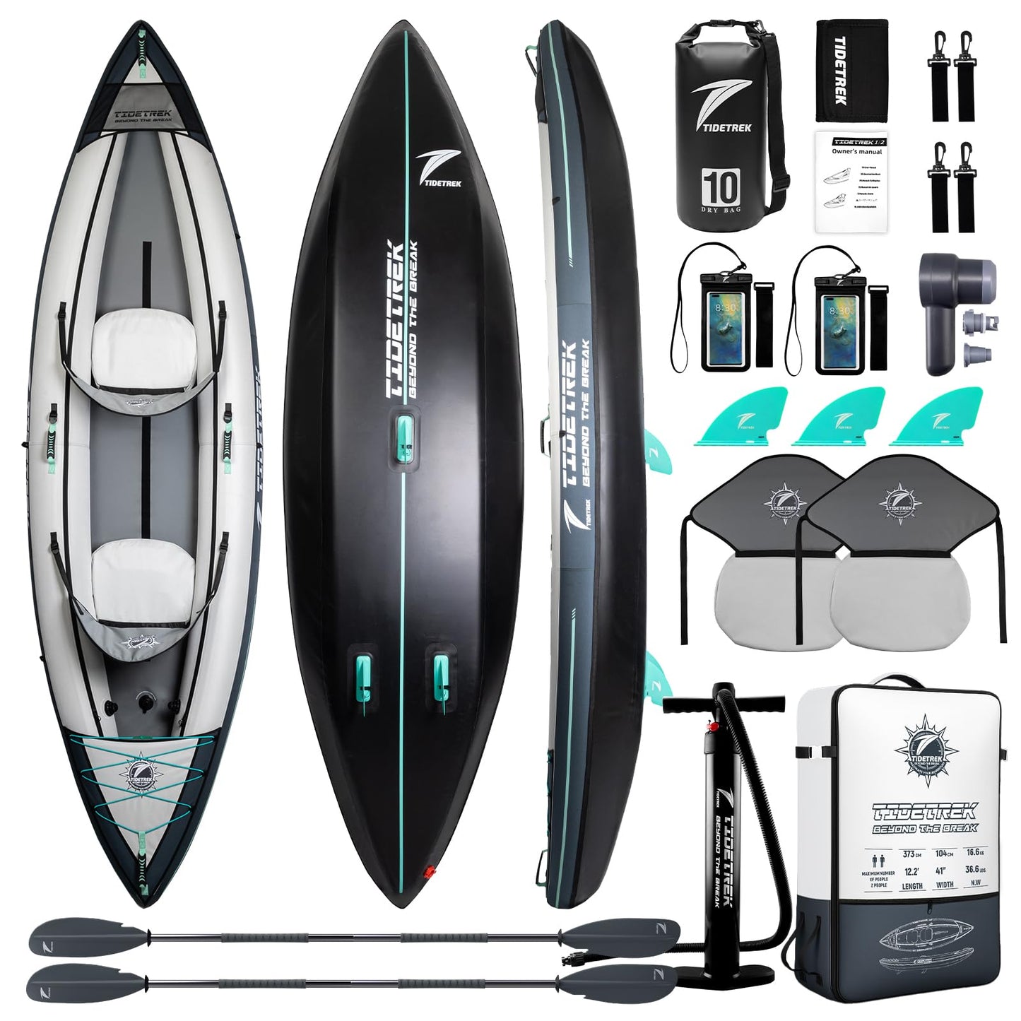 TIDETREK Inflatable Touring Kayak 1-Person & 2-Person with Waterproof Seat & Full Accessory Kit, Lightweight Recreational Kayak for Lake, River & Fishing (Storm Edge, 2-Person(Tandem))