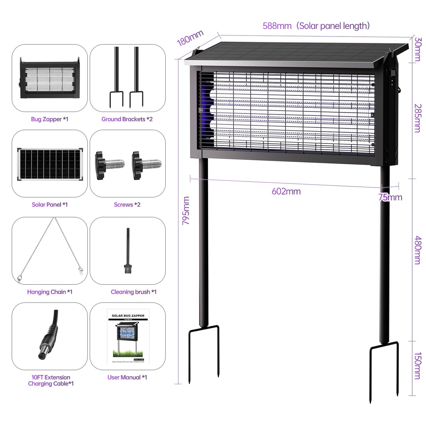4500V Solar Bug Zapper Outdoor, Mosquito Zapper with Extension Cord, Waterproof Electric Fly Zapper Indoor/Outdoor for Patio, Yard, Home, Garden, Camping