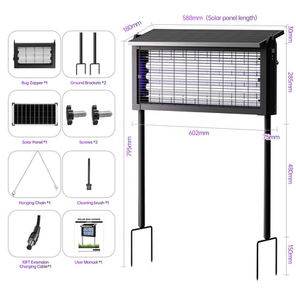 4500V Solar Bug Zapper Outdoor, Mosquito Zapper with Extension Cord, Waterproof Electric Fly Zapper Indoor/Outdoor for Patio, Yard, Home, Garden, Camping