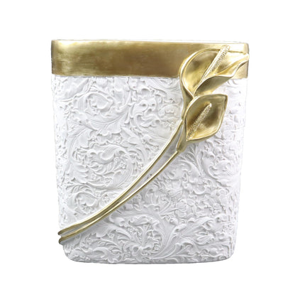 Hymmah Bathroom Trash Can 1.8 Gallon(7 Liter) Small Kitchen Garbage Can,Decor Wastebasket for Bedroom Office,Resin Hand-Carved Colla Lotus White&Gold