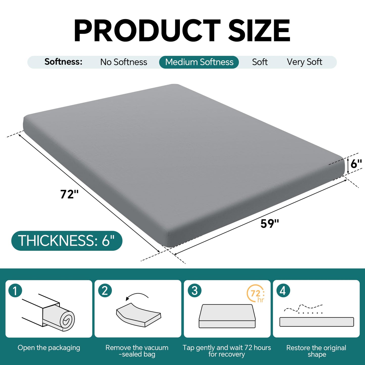 HOMBYS Japanese Floor Mattress Futon, 6" Thick Tatami Sleeping Pad with Memory Foam + High-Density Support Foam, Foldable Roll Up Mat for Adults Kids, Guest Bed Dormitory Tent Camping, Grey