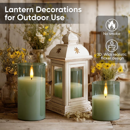 5plots Glass Battery Operated Green Flameless Candles with Remote Timer, 3D Wick Real Wax Pillar Led Candles Warm Flickering Light for Indoor Home, Halloween, Christmas Decor D3 x H4 5" 6", Set of 3